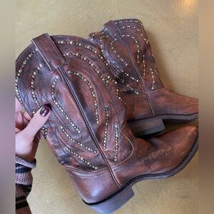 Frye Brown Leather Studded Cowboy Boots